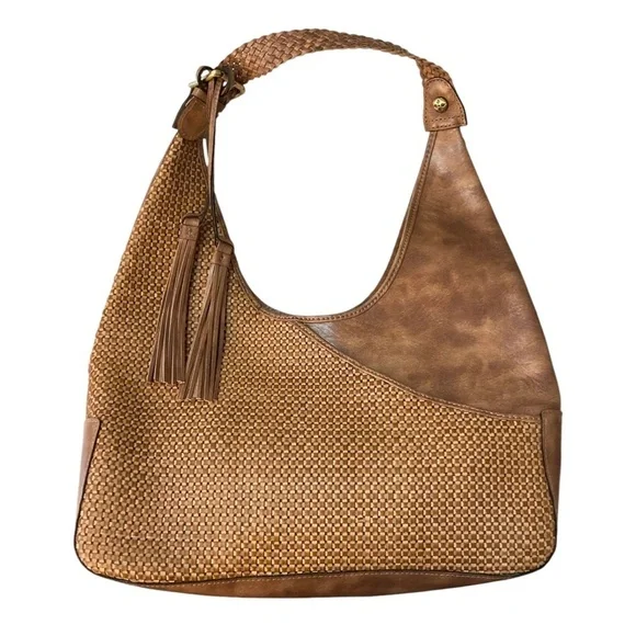 PATRICIA NASH Amaya Hobo Shoulder Bag in Sand Brown Woven Leather NEW